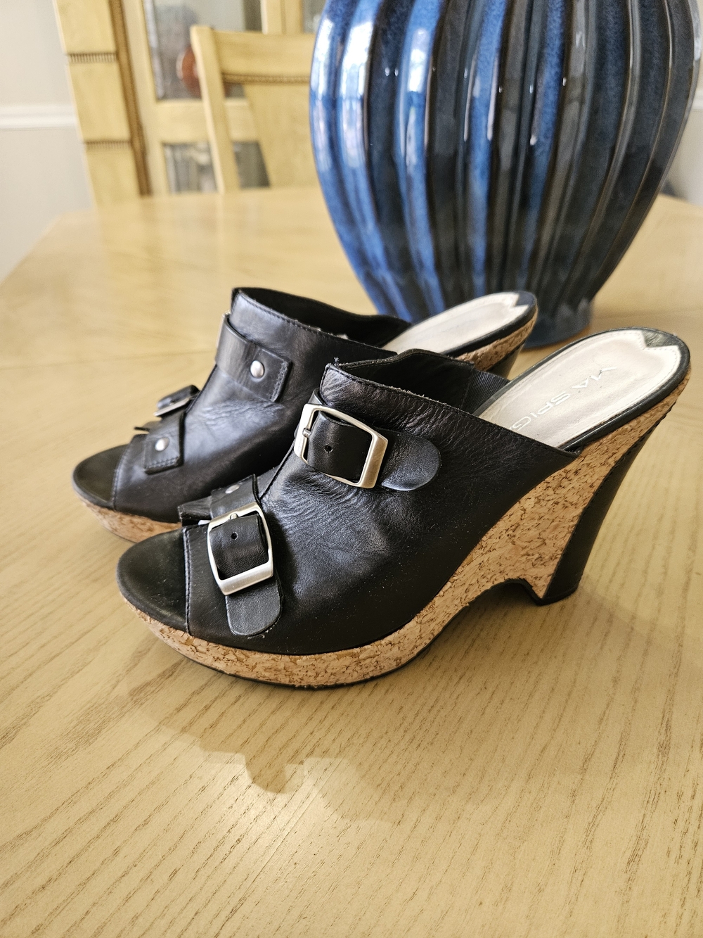 Via Spiga Black Leather Cork Wedge Mules with Buckles